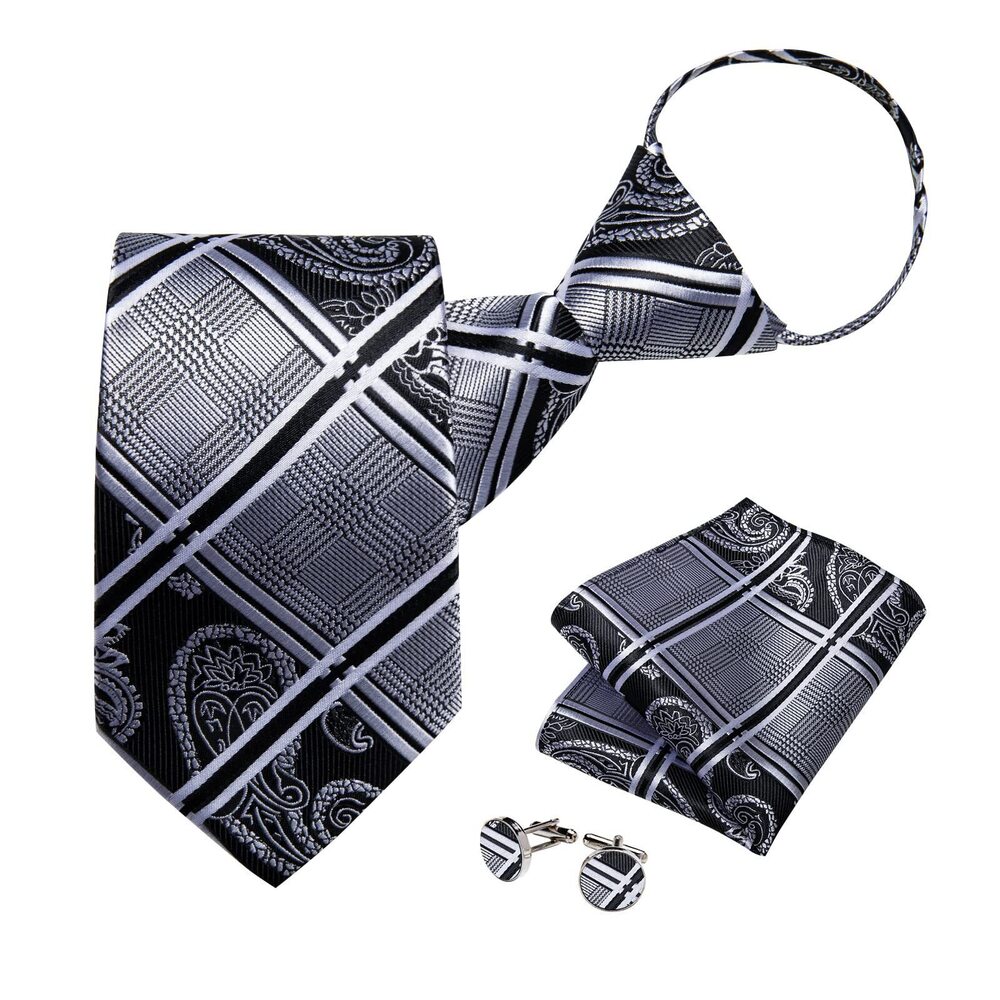4633 Silk Zipper Ties ,Paisley Solid Plaid Pre-tied Tie and Pocket Square